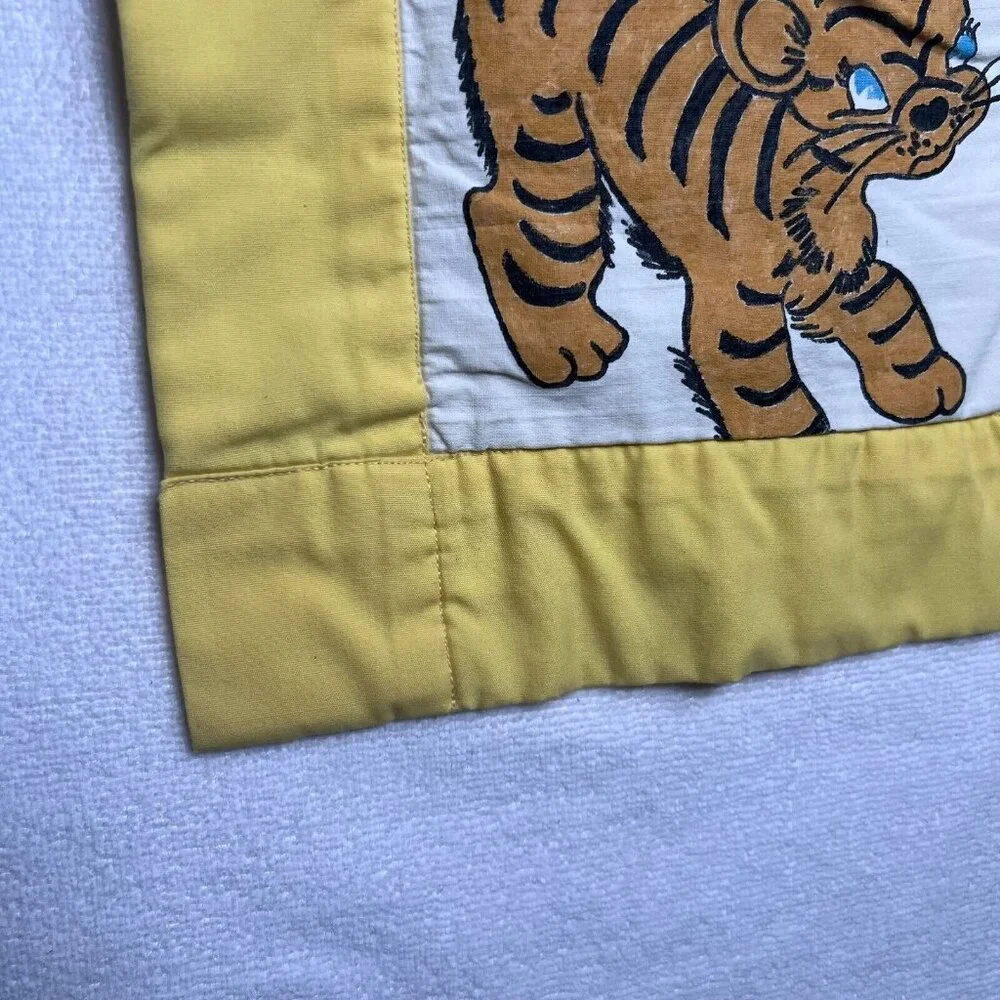 Vintage Handmade Quilt Hand Painted Animals Elephant Tiger Bunny Squirrel Yellow